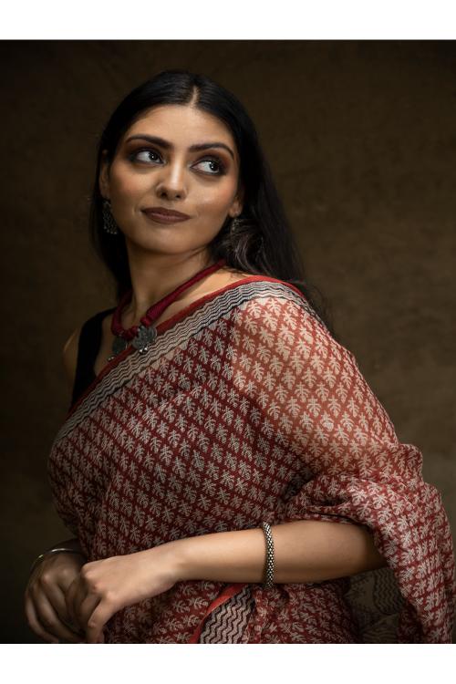 TICH Classic Appeal. Bagru Hand Block Printed Kota Doria Saree - Red Ornate