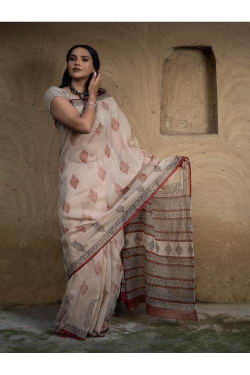 TICH Classic Appeal. Bagru Hand Block Printed Kota Doria Saree - Royal Ornate