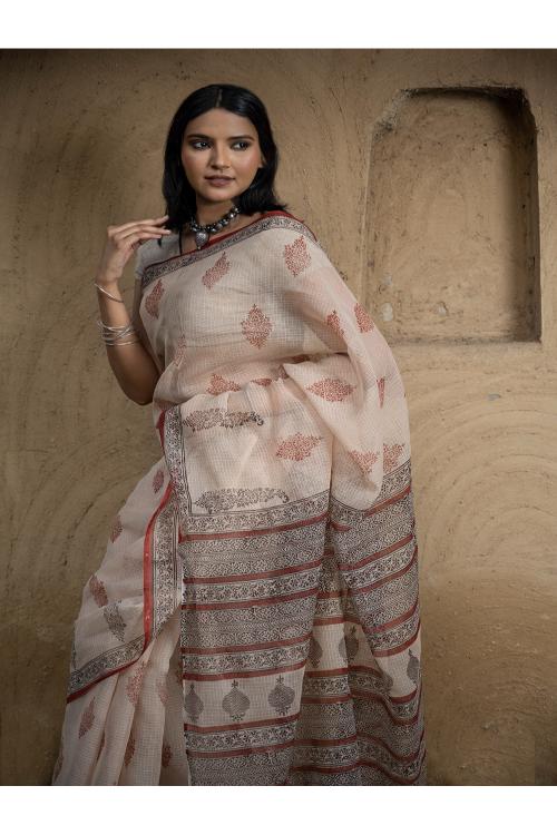 TICH Classic Appeal. Bagru Hand Block Printed Kota Doria Saree - Royal Ornate