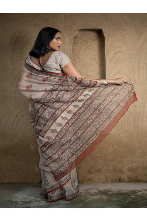 TICH Classic Appeal. Bagru Hand Block Printed Kota Doria Saree - Royal Ornate