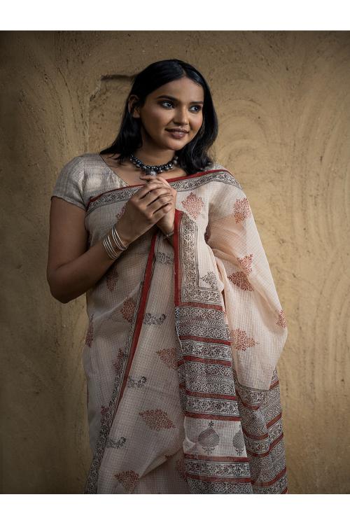 TICH Classic Appeal. Bagru Hand Block Printed Kota Doria Saree - Royal Ornate