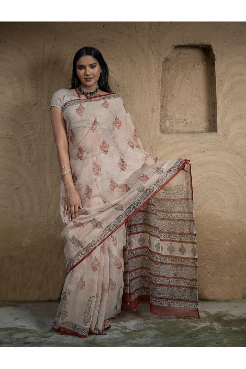 TICH Classic Appeal. Bagru Hand Block Printed Kota Doria Saree - Royal Ornate