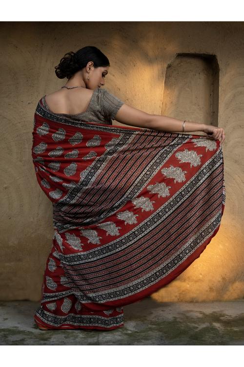 TICH Classic Appeal. Bagru Hand Block Printed Modal Satin Saree - Red Paisleys