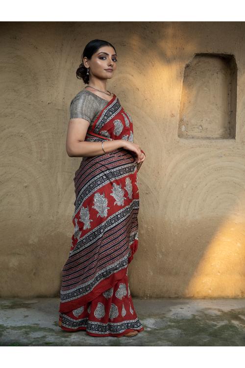 TICH Classic Appeal. Bagru Hand Block Printed Modal Satin Saree - Red Paisleys