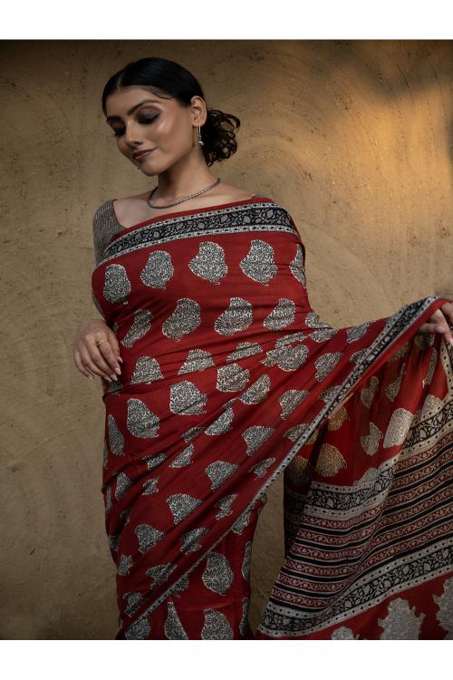 TICH Classic Appeal. Bagru Hand Block Printed Modal Satin Saree - Red Paisleys