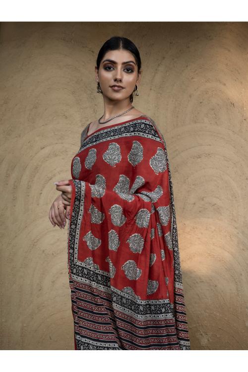 Classic Appeal. Bagru Hand Block Printed Modal Silk Saree - Red Paisleys