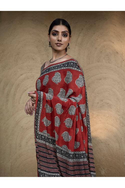 TICH Classic Appeal. Bagru Hand Block Printed Modal Satin Saree - Red Paisleys