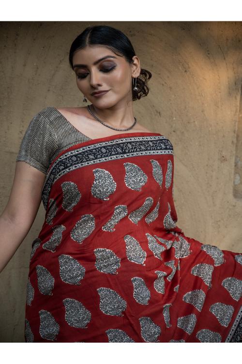 TICH Classic Appeal. Bagru Hand Block Printed Modal Satin Saree - Red Paisleys