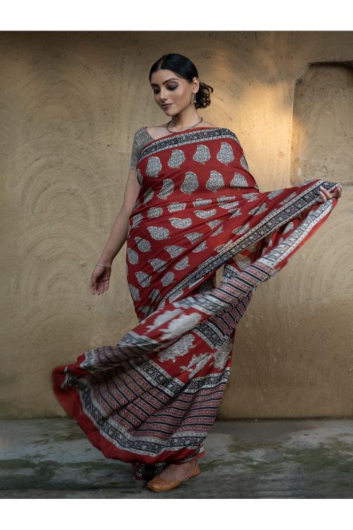 TICH Classic Appeal. Bagru Hand Block Printed Modal Satin Saree - Red Paisleys