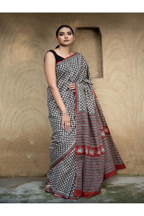 TICH Classic Appeal. Bagru Hand Block Printed Mul Cotton Saree - Black Leaf