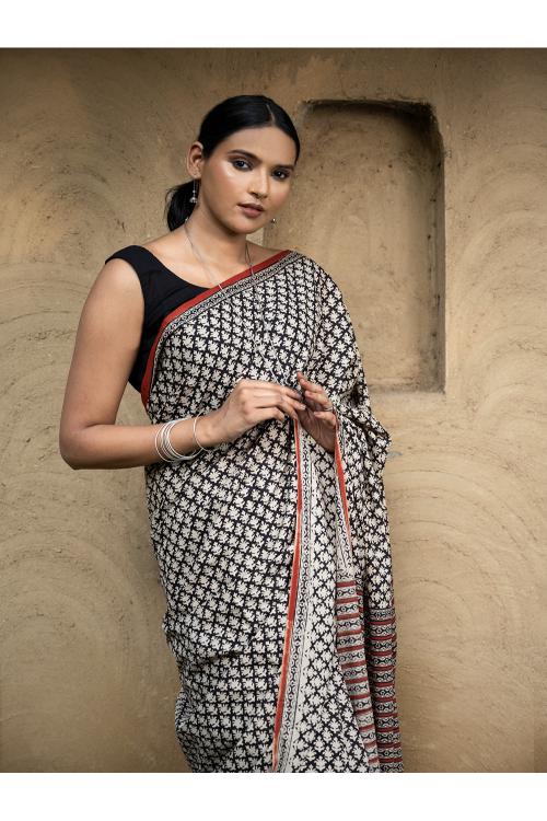 TICH Classic Appeal. Bagru Hand Block Printed Mul Cotton Saree - Black Leaf