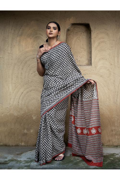TICH Classic Appeal. Bagru Hand Block Printed Mul Cotton Saree - Black Leaf