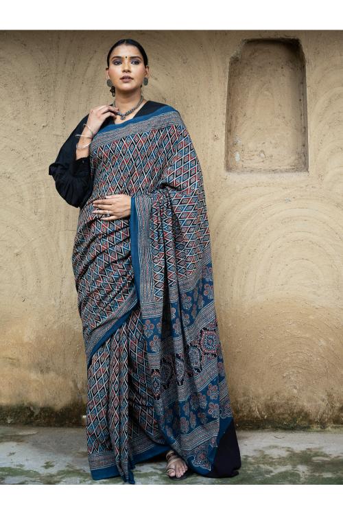 TICH Classic Elegance. Ajrakh Hand Block Printed Cotton Mul Saree - Blue Diamond