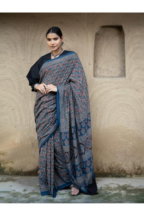 TICH Classic Elegance. Ajrakh Hand Block Printed Cotton Mul Saree - Blue Diamond