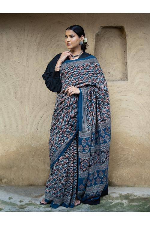 TICH Classic Elegance. Ajrakh Hand Block Printed Cotton Mul Saree - Blue Diamond