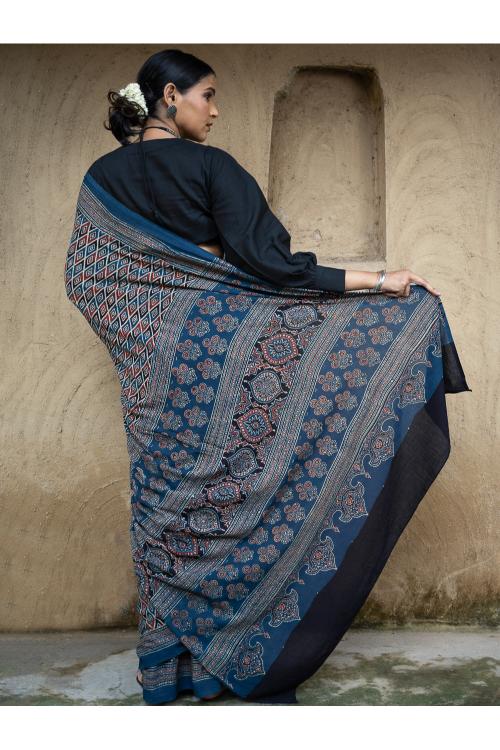 TICH Classic Elegance. Ajrakh Hand Block Printed Cotton Mul Saree - Blue Diamond