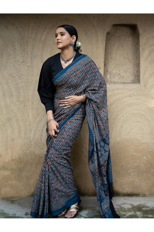 TICH Classic Elegance. Ajrakh Hand Block Printed Cotton Mul Saree - Blue Diamond