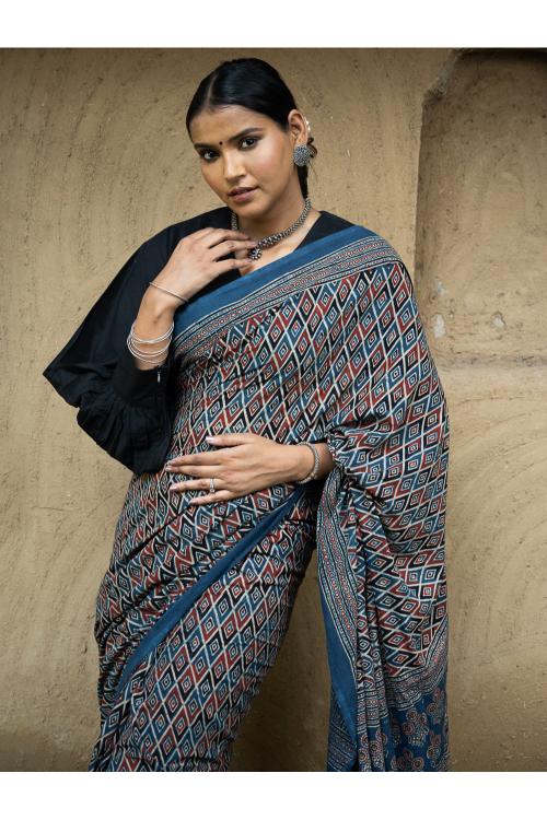 TICH Classic Elegance. Ajrakh Hand Block Printed Cotton Mul Saree - Blue Diamond