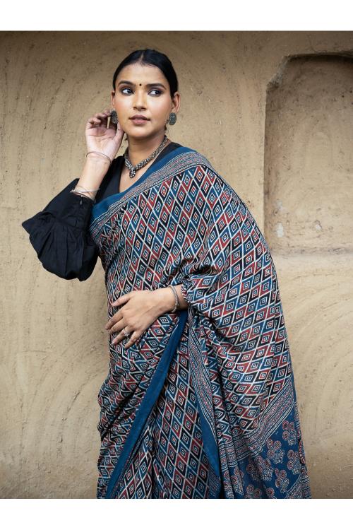 TICH Classic Elegance. Ajrakh Hand Block Printed Cotton Mul Saree - Blue Diamond