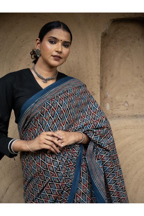 TICH Classic Elegance. Ajrakh Hand Block Printed Cotton Mul Saree - Blue Diamond