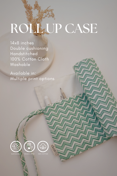 Ekatra Indigo Chevron Durable Cotton Fabric Roll Up Case ( Set Of 2 )