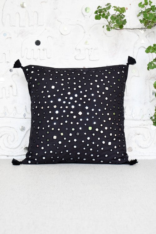 Okhai 'Glitz' Mirror Work Pure Cotton Cushion Cover - Black