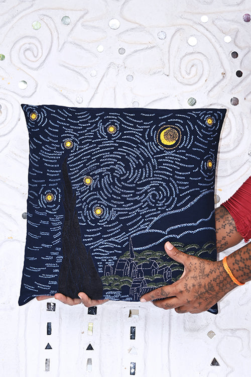 Okhai "Dancing Stars" Hand-Embroidered Mirrorwork Pure Cotton Cushion Cover