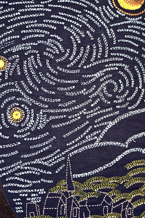 Okhai "Dancing Stars" Hand-Embroidered Mirrorwork Pure Cotton Cushion Cover