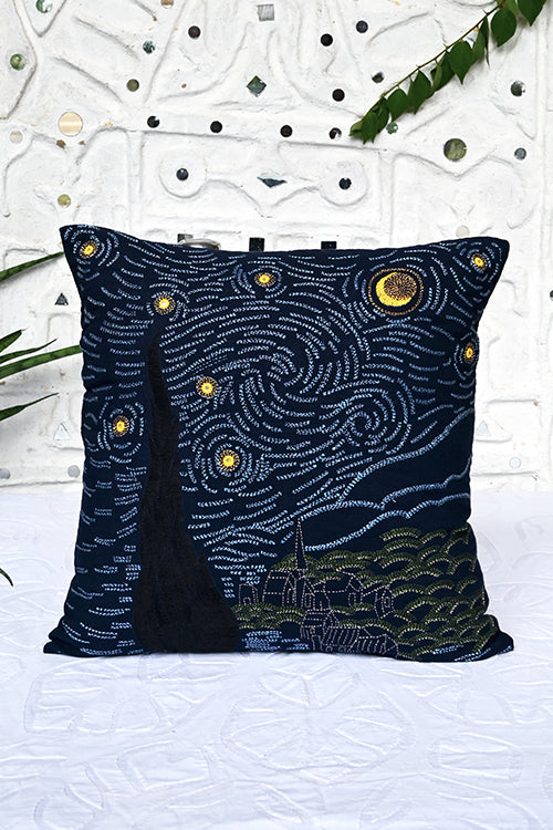 Okhai "Dancing Stars" Hand-Embroidered Mirrorwork Pure Cotton Cushion Cover