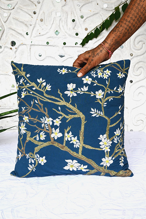 Okhai "Almond Blossom" Hand-Embroidered Pure Cotton Cushion Cover