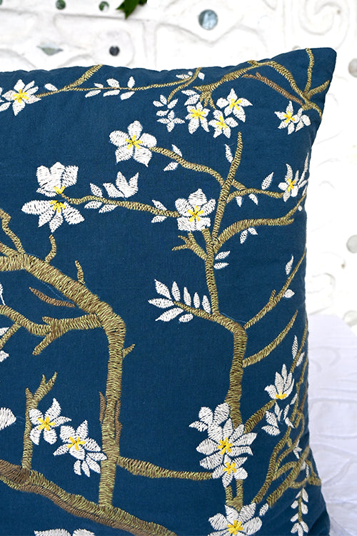 Okhai "Almond Blossom" Hand-Embroidered Pure Cotton Cushion Cover