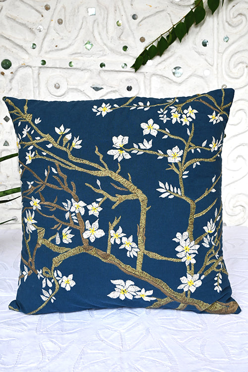 Okhai "Almond Blossom" Hand-Embroidered Pure Cotton Cushion Cover