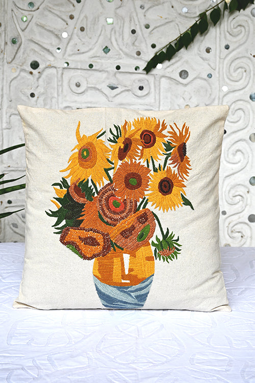 Okhai "Sunflowers" Hand-Embroidered Pure Cotton Cushion Cover