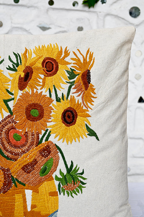 Okhai "Sunflowers" Hand-Embroidered Pure Cotton Cushion Cover