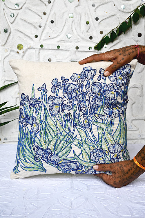 Okhai "Irises" Hand-Embroidered Pure Cotton Cushion Cover