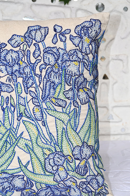 Okhai "Irises" Hand-Embroidered Pure Cotton Cushion Cover