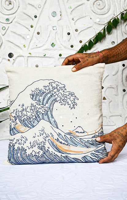 Okhai "The Great Wave" Hand-Embroidered Pure Cotton Cushion Cover