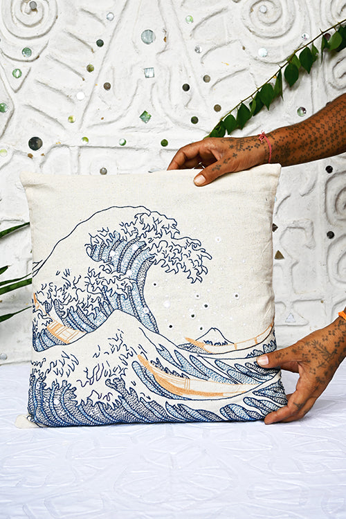Okhai "The Great Wave" Hand-Embroidered Pure Cotton Cushion Cover