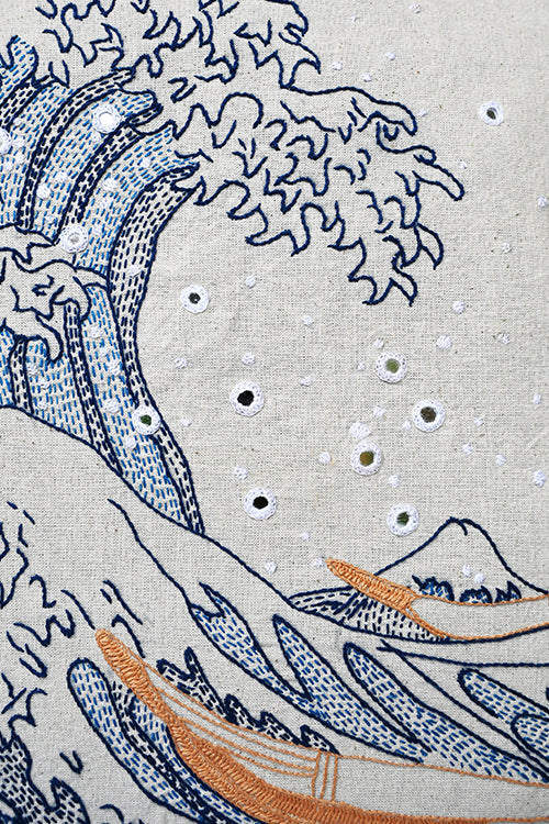 Okhai "The Great Wave" Hand-Embroidered Pure Cotton Cushion Cover