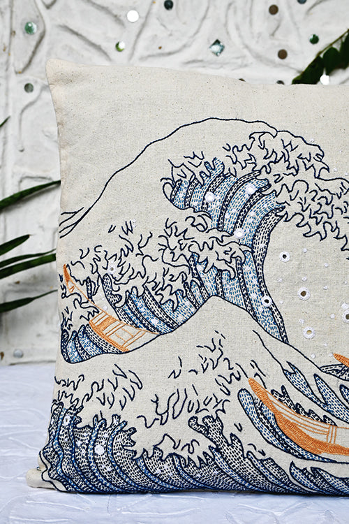 Okhai "The Great Wave" Hand-Embroidered Pure Cotton Cushion Cover
