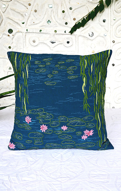 Okhai "Water Lilies" Hand-Embroidered Pure Cotton Cushion Cover