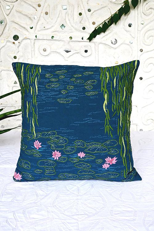Okhai "Water Lilies" Hand-Embroidered Pure Cotton Cushion Cover