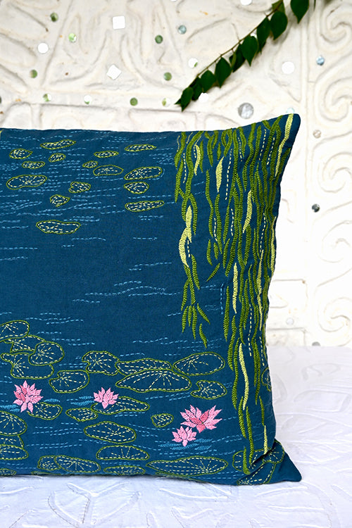 Okhai "Water Lilies" Hand-Embroidered Pure Cotton Cushion Cover