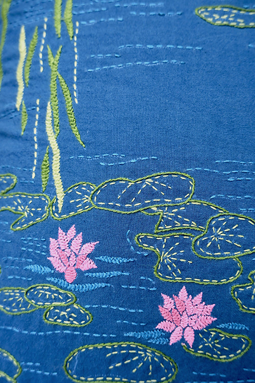 Okhai "Water Lilies" Hand-Embroidered Pure Cotton Cushion Cover