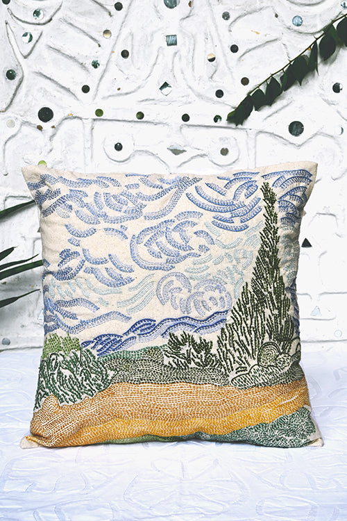 Okhai "Wheat Field" Hand-Embroidered Pure Cotton Cushion Cover