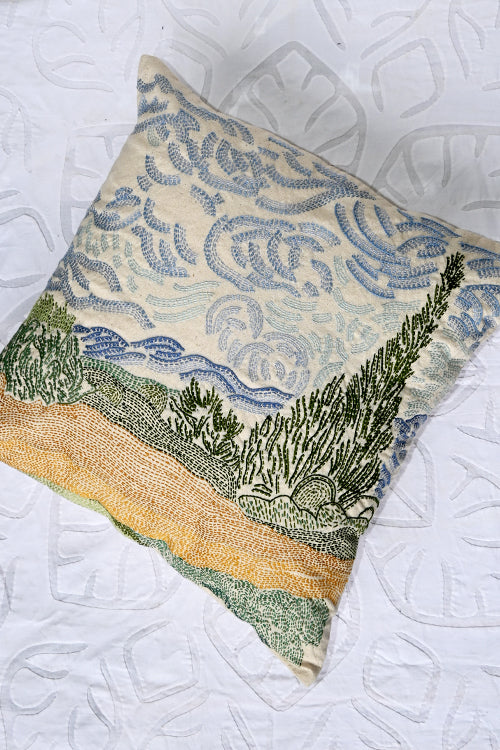 Okhai "Wheat Field" Hand-Embroidered Pure Cotton Cushion Cover