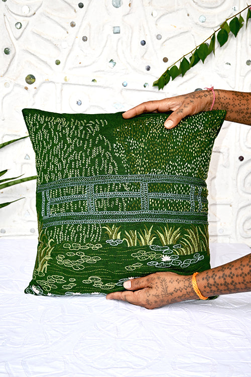 Okhai "Japanese Bridge" Hand-Embroidered Pure Cotton Cushion Cover