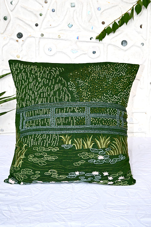 Okhai "Japanese Bridge" Hand-Embroidered Pure Cotton Cushion Cover