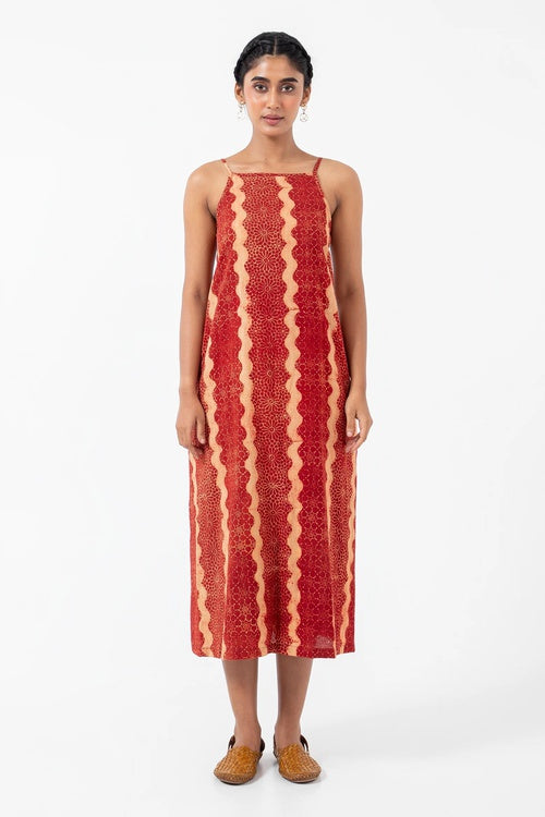 Inkriti "Indie" Block Printed Organic Cotton Dress - Red waves