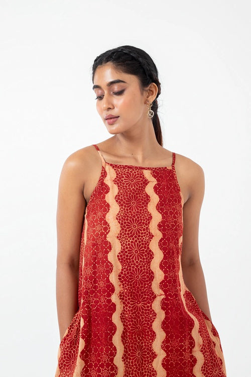 Inkriti "Indie" Block Printed Organic Cotton Dress - Red waves